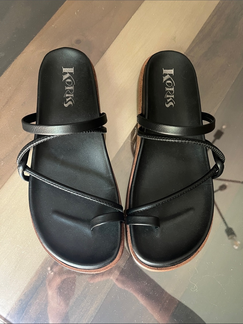 Kork-Ease Black Leather Strappy Toe-Ring Sandals